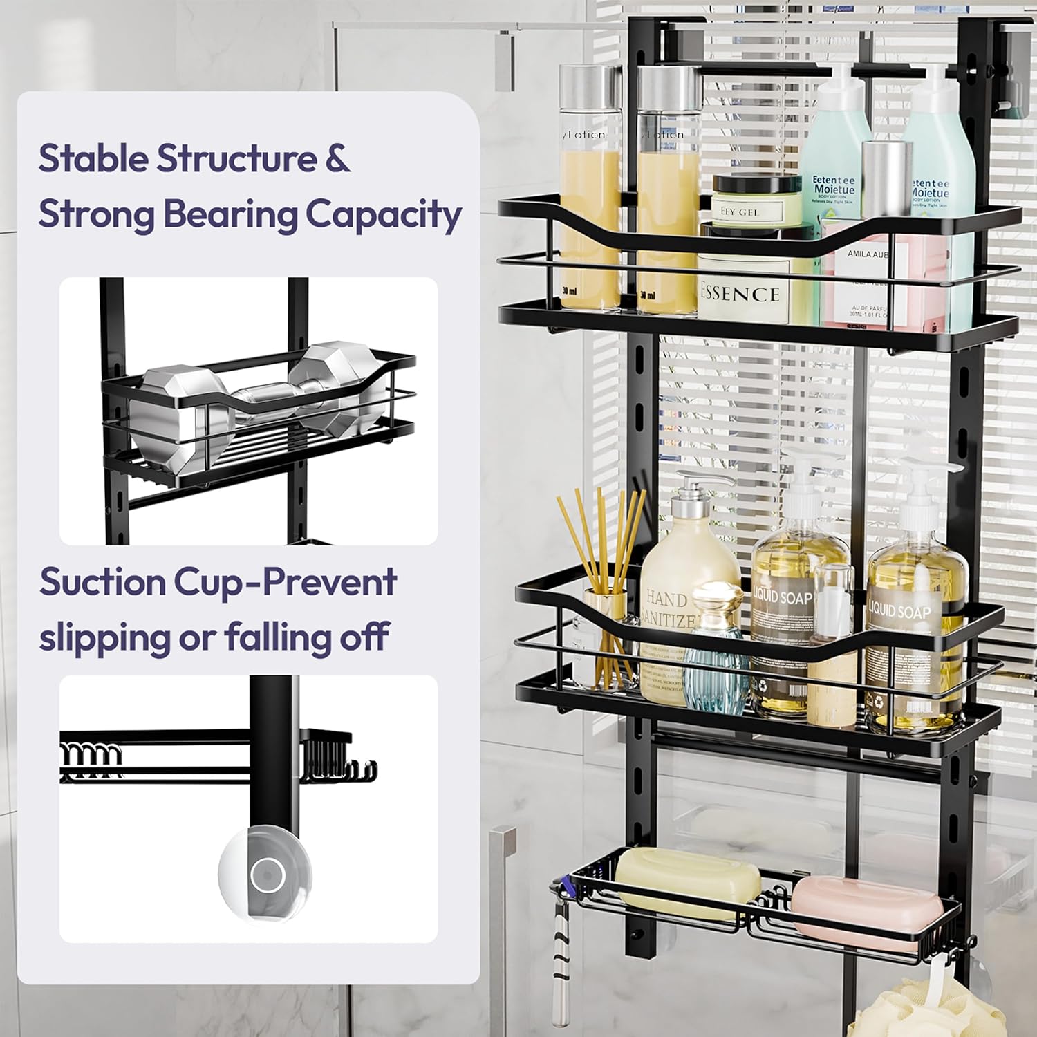 SWTYMIKI Over The Door Shower Caddy - 3 Tier Adjustable Organizer with Soap Holder | No Drilling Stainless Steel, Black