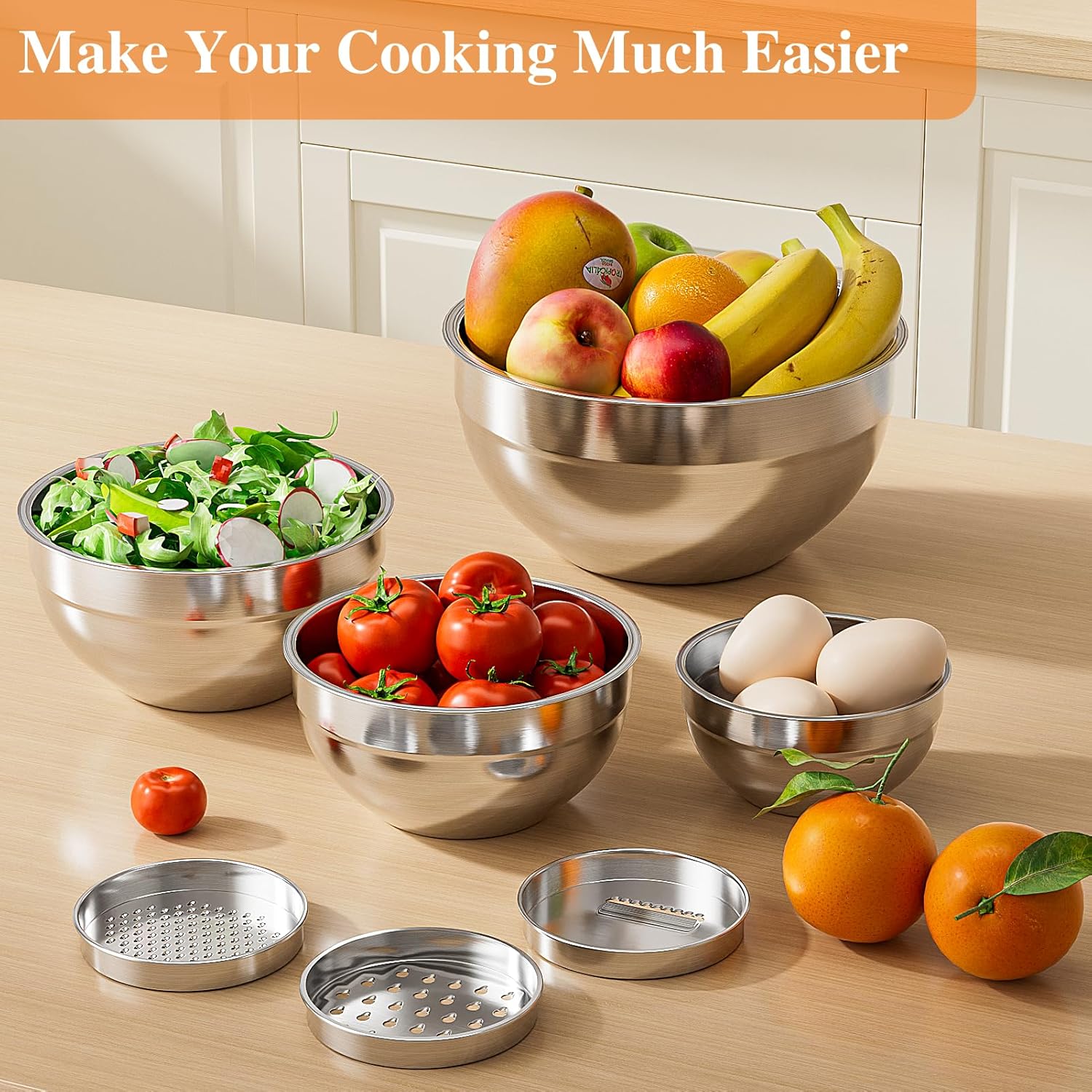 Stainless Steel Mixing Bowls Set by [Brand Name] - 6 PCS with Lids & 3 Grater Attachments | Large Nesting Sizes 4.5QT to 0.7QT