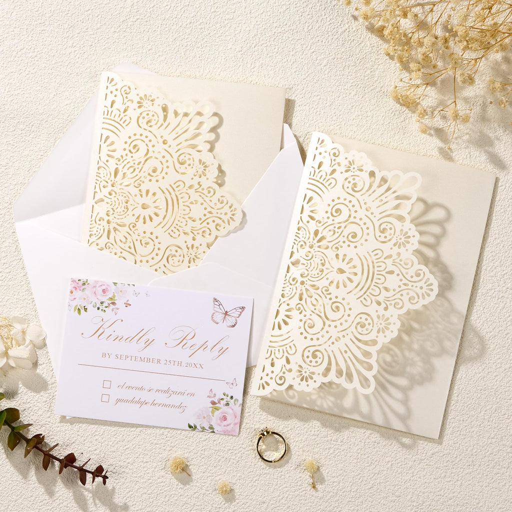 Mabbcoo 50PCS Custom Wedding Invitations with Envelopes and RSVP Cards, Blank Inner Sheets Party Invitation for Quinceanera Bridal Shower Birthday - Ivory