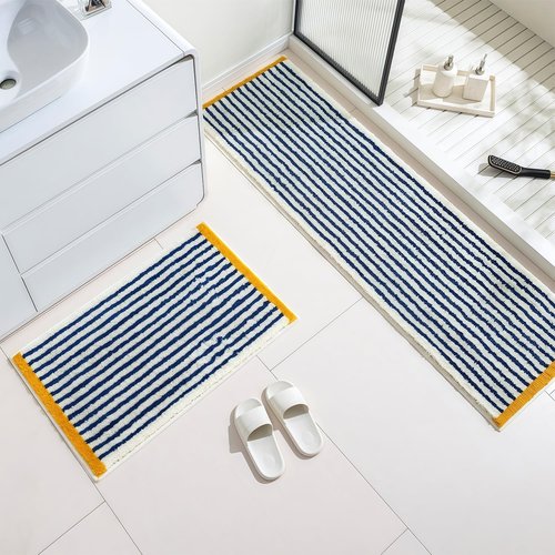 GIB Bathroom Rugs Mat 24" x 16", Extra Soft Absorbent Plush Fluffy Bath Rugs, Non-Slip Washable Bath Mats for Bathroom Floor Shower Home Decor Accessories, Blue & White Striped with Yellow Accents