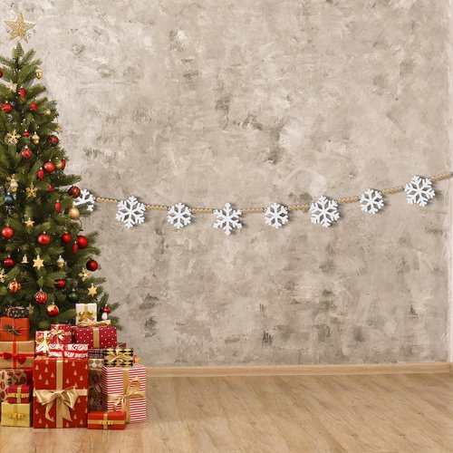 Oeyliz Christmas Snowflake Garland Wooden Christmas Snowflakes Decor 9PCS White Snowflake with Natural Color Wooden Beads DIY Winter Snowflakes Banner Garland Home Office Party Mantle Farmhouse Decor