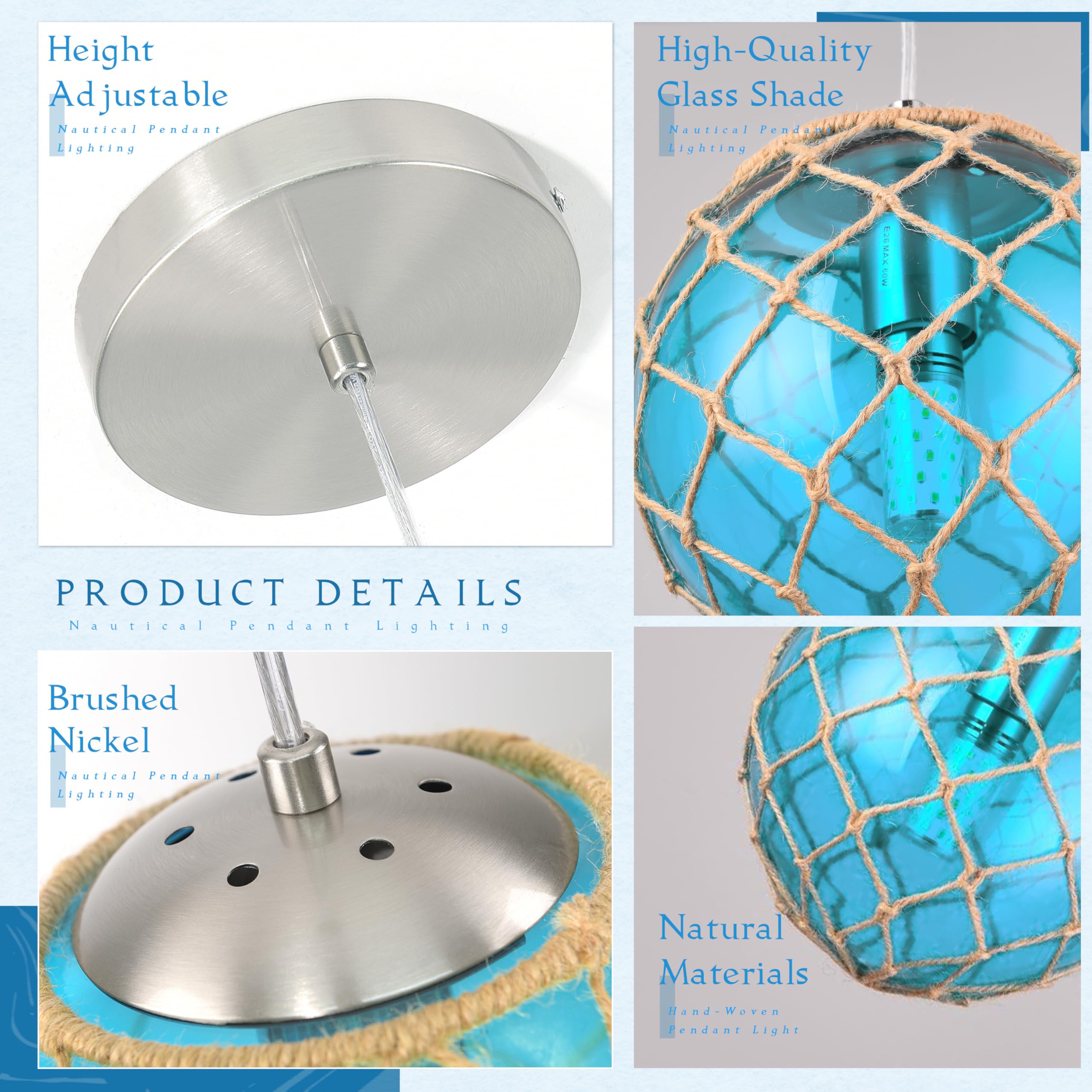 Blue Pendant Light Coastal Pendant Light Nautical Pendant Lighting Beach House Lighting Fixtures Ocean Lighting Fixture Coastal Hanging Light Fixtures Fish Float Glass Ball Lighting(Bulb Incl.