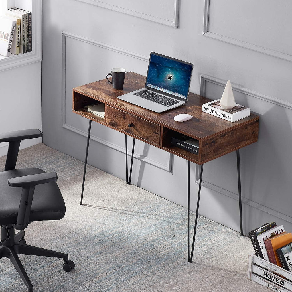 VECELO 39.3" Home Office Work Table with Drawers,Computer Desk with Hairpin Leg for Writing/Study,Classic Brown