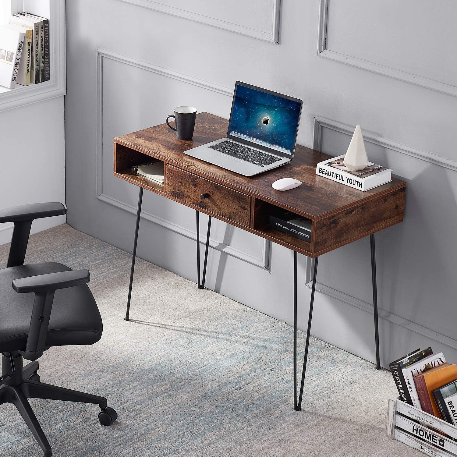 VECELO 39.3" Home Office Work Table with Drawers,Computer Desk with Hairpin Leg for Writing/Study,Classic Brown