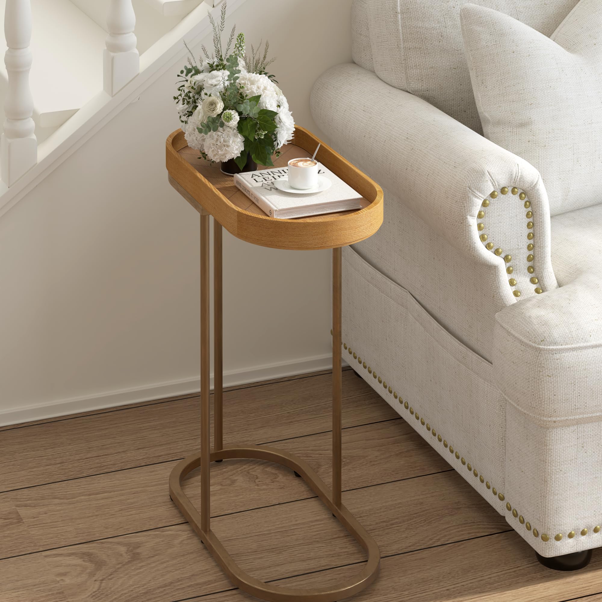 Small End Table with Removable Tray, C Shaped Narrow Side Table for Living Room, Modern TV Tray Wood Top Metal Stand, 11" W