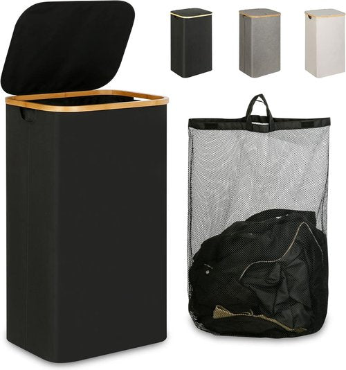 iEGrow Laundry Hamper - 110L Large Collapsible Basket with Lid & Handle | Removable Inner Bag - Black