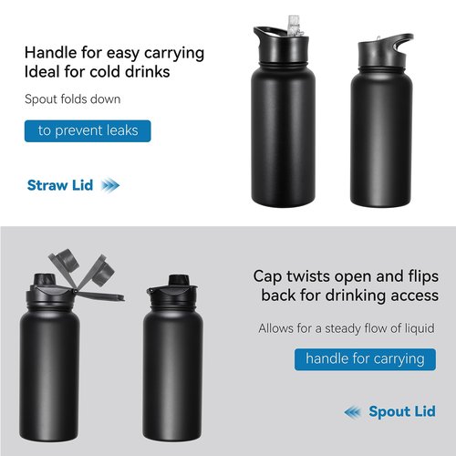 VEGOND 32 oz Insulated Water Bottle Bulk Stainless Steel Metal Water Bottles with Leak Proof Straw Lid & Spout Lid, Wide Mouth Double Walled Vacuum Travel Sports Bottle, 8 Pack