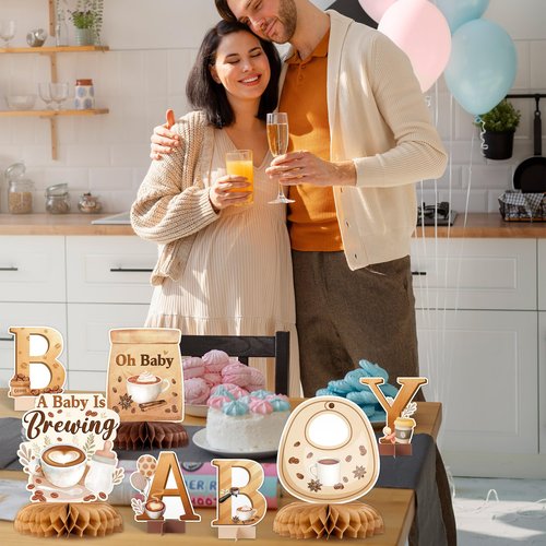 ANGOLIO 12 Pieces Coffee Baby Shower Party Honeycomb Centerpieces Coffee Latte Centerpieces Baby Is Brewing Honeycomb Party Decorations 3D Photo Prop for Gender Reveal Party