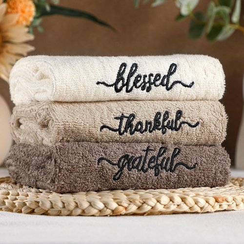 Peryiter 3 Pcs Farmhouse Bathroom Decor Hand Towels 14x29 Inch Cotton Bath Towels Rustic Embroidered for Boho Kitchen Decor Inspirational Christian Gift (Brown Series,Blessed Thankful Grateful)