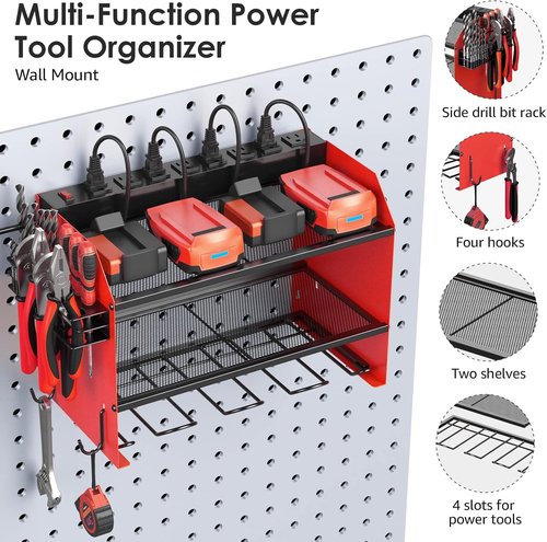 CCCEI Modular Power Tool Organizer - Wall Mount Charging Station & Heavy Duty Storage Shelf | Red, 1 Pack