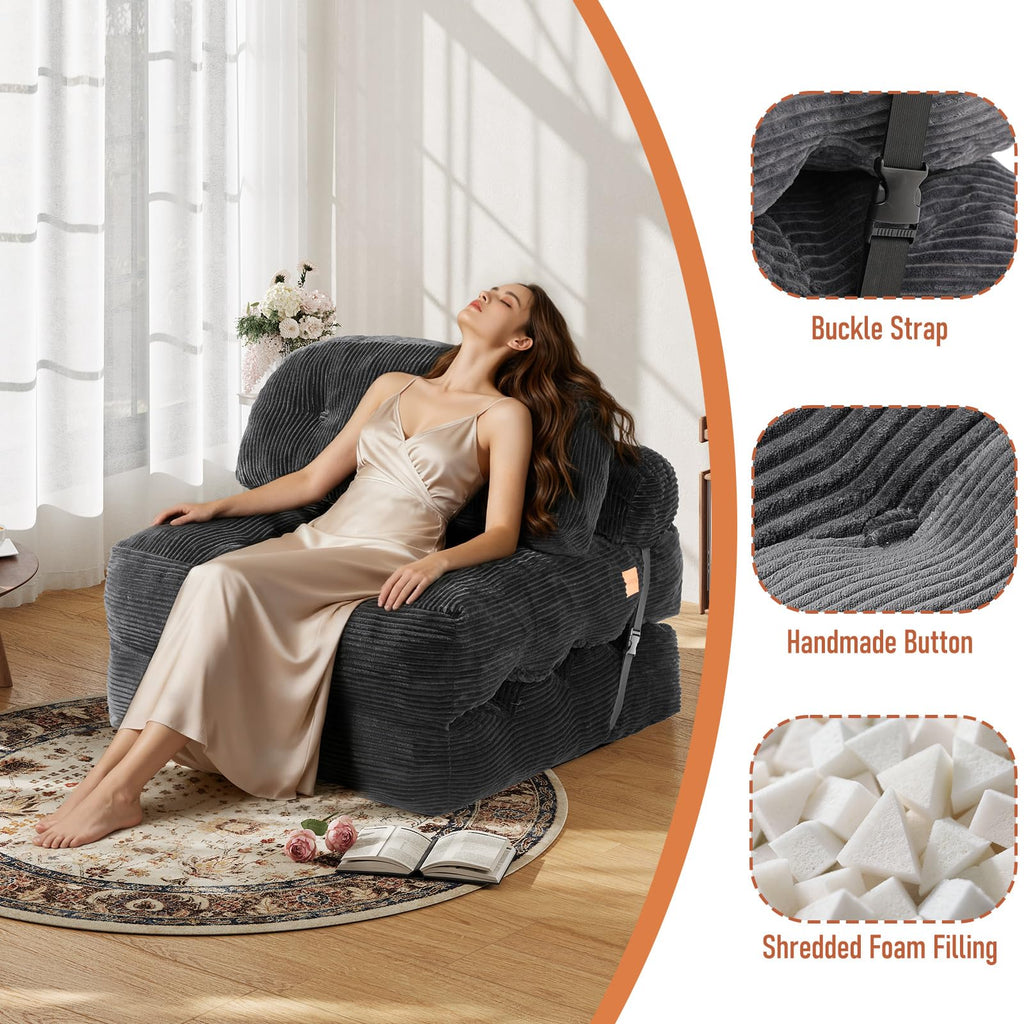 Vellorise Folding Sofa Bed, Convertible Sleeper Chair with Back Support and Pillow Futon,Boneless Foldable Couch for Living Room/Guest Use/Home Office, Foldable Chair Bed for Adults, Dark Gray