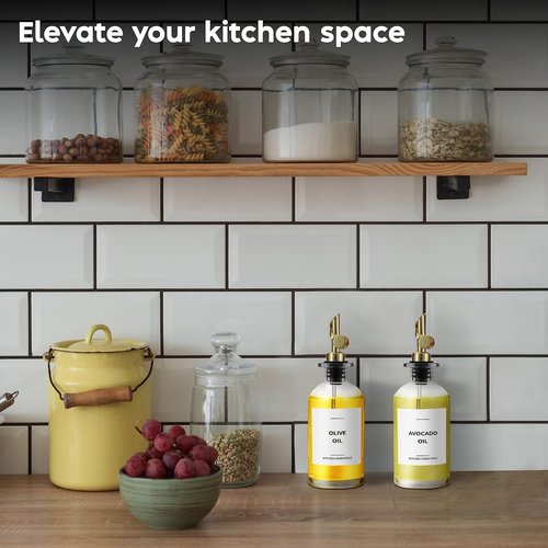 Spaceneat Oil Dispenser for Kitchen - Glass Olive Oil Bottle Set of 4 (11.8oz) with Gold Weighted Self-Closing Pourer - Cooking Oil Dispenser with 66 Labels, Aligner & Funnel