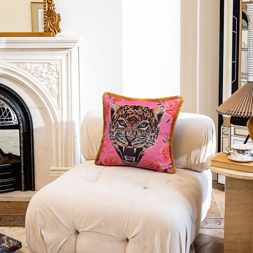Tiger Floral Velvet Decorative Throw Pillow Cover 20x20 In Pink Pillow Covers Flower Animal Print Tiger Cushion Cover with Tassels Modern Decor Square Pillowcase for Sofa Couch Bedroom Living Room