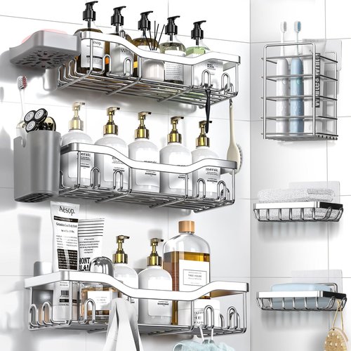 NESOMI Shower Caddy Adhesive Shower Organizer 8-Pack, Rustproof Stainless Steel Bathroom Shelves, Large Capacity No-Drill Rack Storage Accessories with Soap Dish Toothbrush Holder Hooks