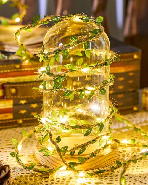 Minetom Vine Fairy Lights Battery Operated: 21ft 60 LED Leaf-Embellished Hemp Rope Fairy Lights with Remote - Twinkle String Lights for Girls Bedroom Dorm Room Wall Decorations