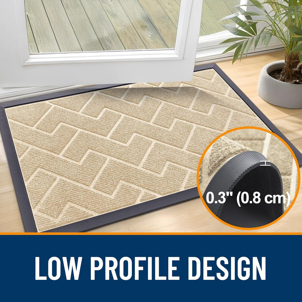 OLANLY Indoor Outdoor Front Door Mat - Waterproof All-Season Herringbone Doormat | Easy Clean, Beige 47x23