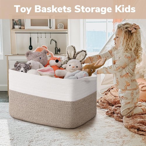 Goodpick Large Blanket Basket - Woven Cotton Rope Storage for Organizing | 22" x 17" x 12" | White & Brown