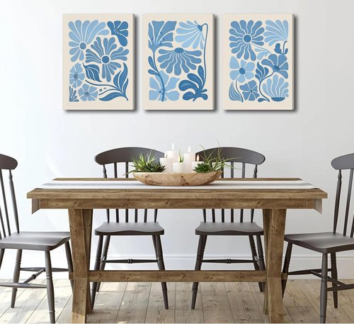 Blue Flower Market Canvas Wall Art - Boho Botanical Aesthetic Prints for Living Room Decor | Light Blue