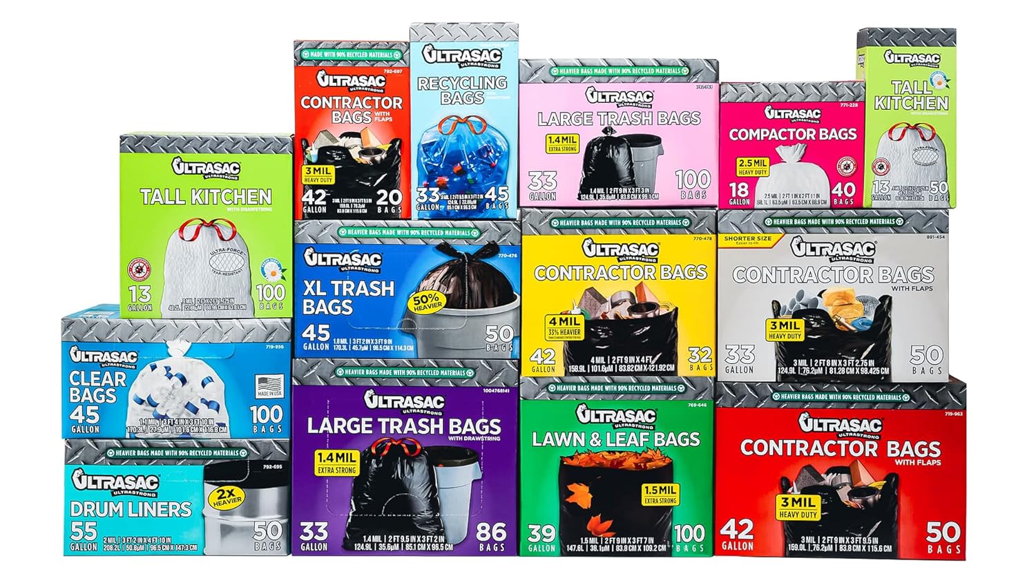 Ultrasac Heavy Duty 33 Gallon Drawstring Trash Bags - 1.4 MIL, 33.5" x 38" | 86 Count for Home & Outdoor Use