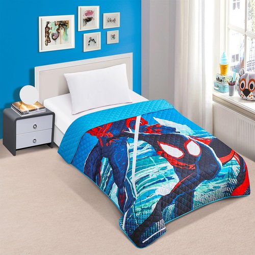 Miles Morales Bedspread Set for Kids - Bundle with Spiderman Quilted Bedspread for Twin Bed Plus Stickers, More | Spiderverse Twin Bedding for Boys