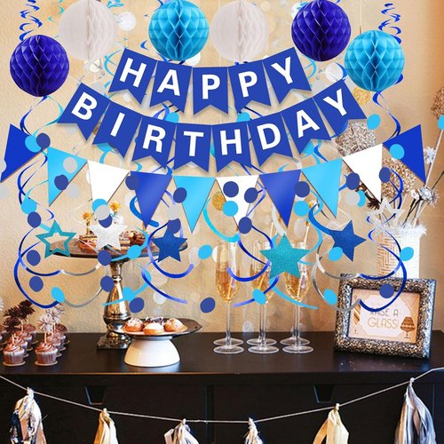 FECEDY Happy Birthday Banner - Navy Blue Paper Flag Garland with Confetti & Honeycomb Balls