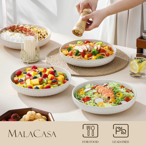 MALACASA Pasta Bowls - 48 Oz Large Ceramic Salad Bowls | Modern Relief Design, Set of 4, Microwave & Dishwasher Safe