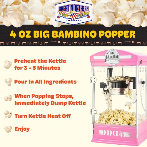 Big Bambino Popcorn Machine - Old-Fashioned Popcorn Maker with 4-Oz Kettle, Measuring Cups, Scoop, and Serving Cups by Great Northern Popcorn (Pink)