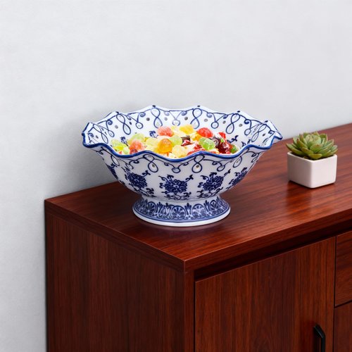 Blue and White Decorative Fruit Bowl for Kitchen Counter - 9.5" Large Ceramic Fruit Pedestal Bowl for Home Table Decor, Blue and White Chinoiserie Floral Decor, Large China Footed Fruits Bowls Basket
