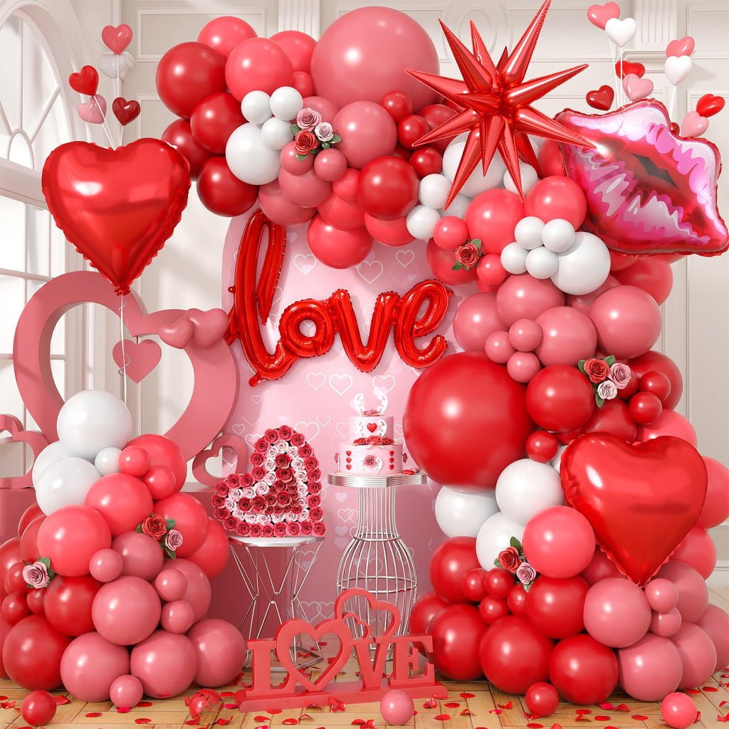 Valentines Balloons Arch Kit with Dusty Pink Red Balloons Red Star Pink Heart Lip Love foil Balloon for Women Girls Valentine's Day Galentines Day Wedding Bridal Shower Anniversary Party Supplies