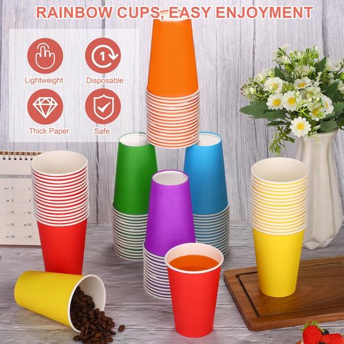 Kochorie 100 Pack Disposable Rainbow Paper Cups - Colorful 12 Ounce Birthday Party Supplies | 6 Vibrant Colors