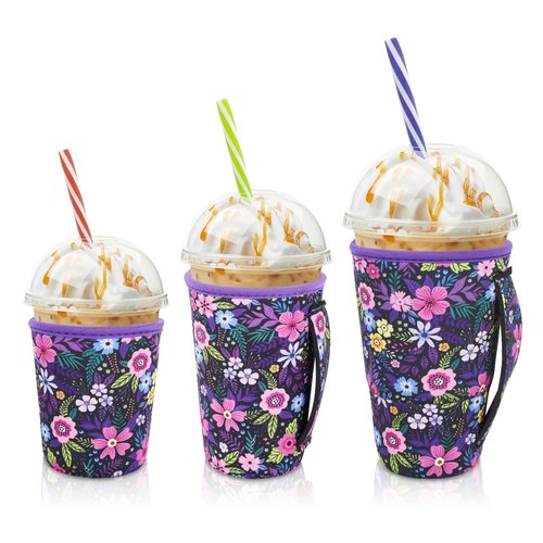 AJLTPA Iced Coffee Sleeve Insulator Sleeves for Cold Drinks Beverages, 3 Pack Reusable Neoprene Cup Sleeve with Handle for 16-32oz Coffee cups(Modern Floral)