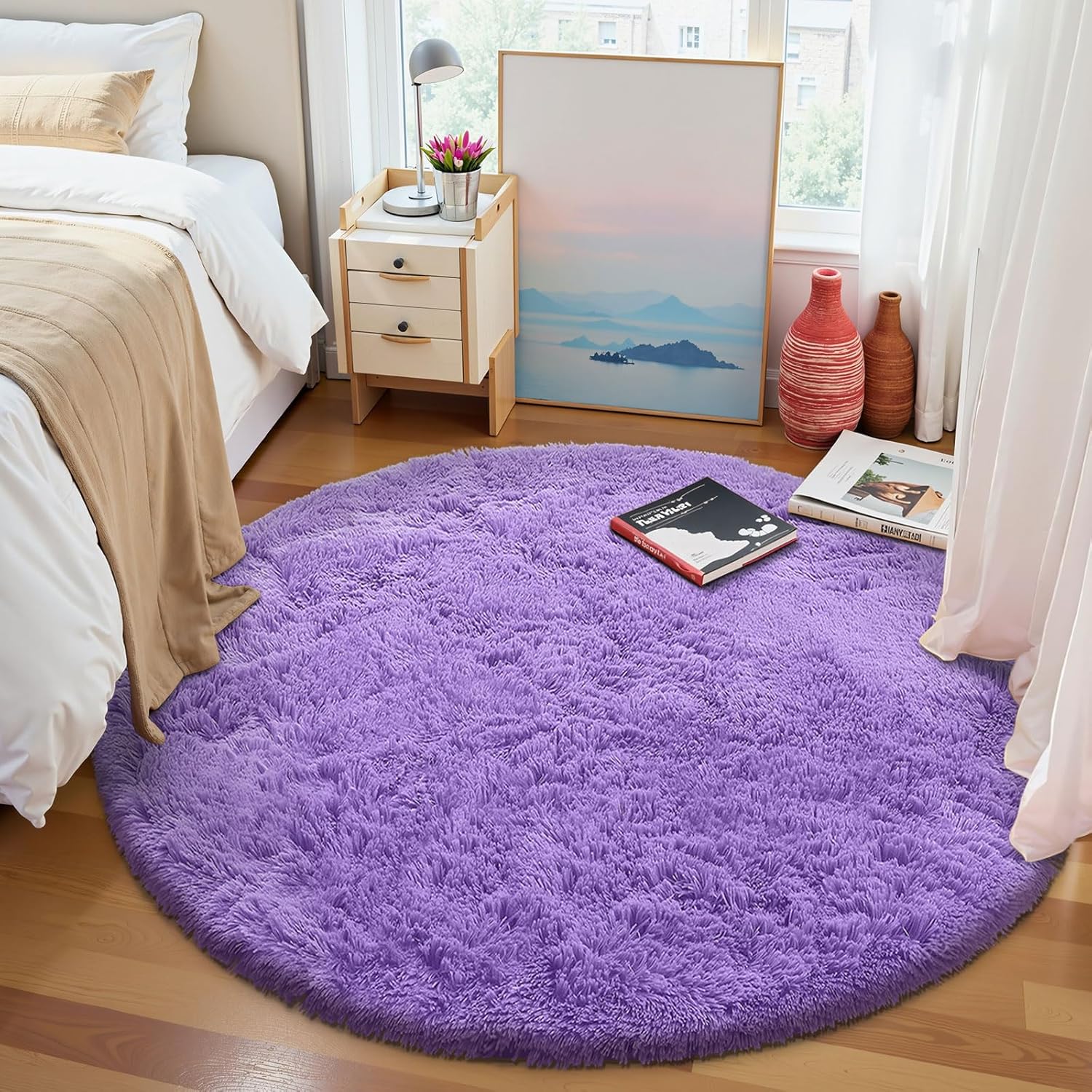 OLANLY Purple Round Rug - Soft & Fluffy Machine Washable 4 ft Circle Area Rug for Bedroom & Living Room