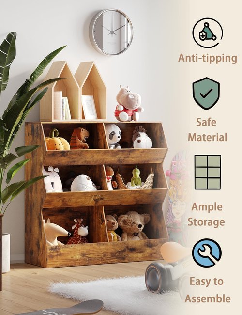 DINZI LVJ Toy Storage Organizer, Kids Bookshelf, Wooden Toy Storage Cabinet, 6 Cubby Children Bookcase, 35.4" L Toddler Book Shelf for Playroom, Living Room, Nursery, Hallway, School, Rustic Brown