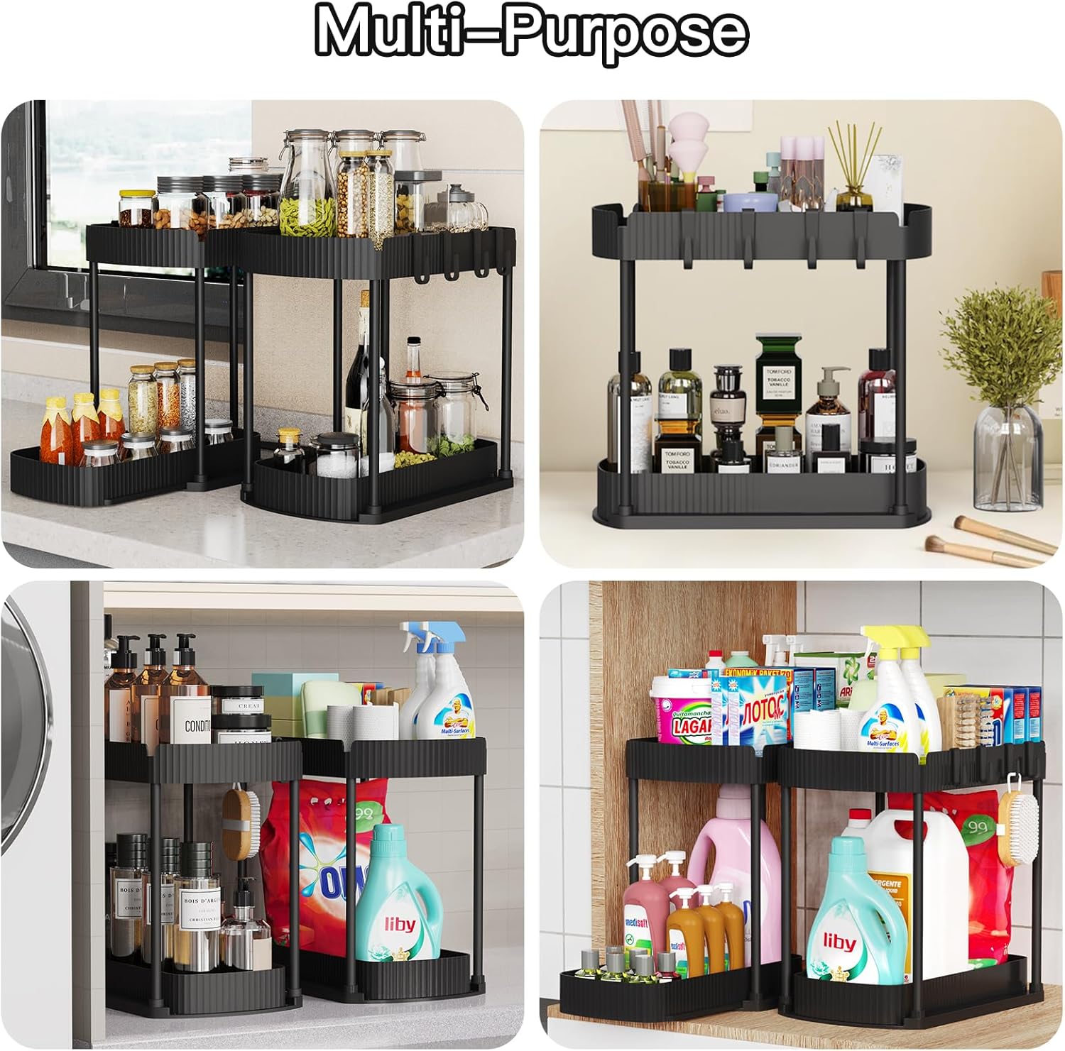 Ukeetap Multi-Purpose Pull-Out Storage Organizers - Under Sink & Cabinet Solutions, Black, 12.8 Inches, 2 Packs