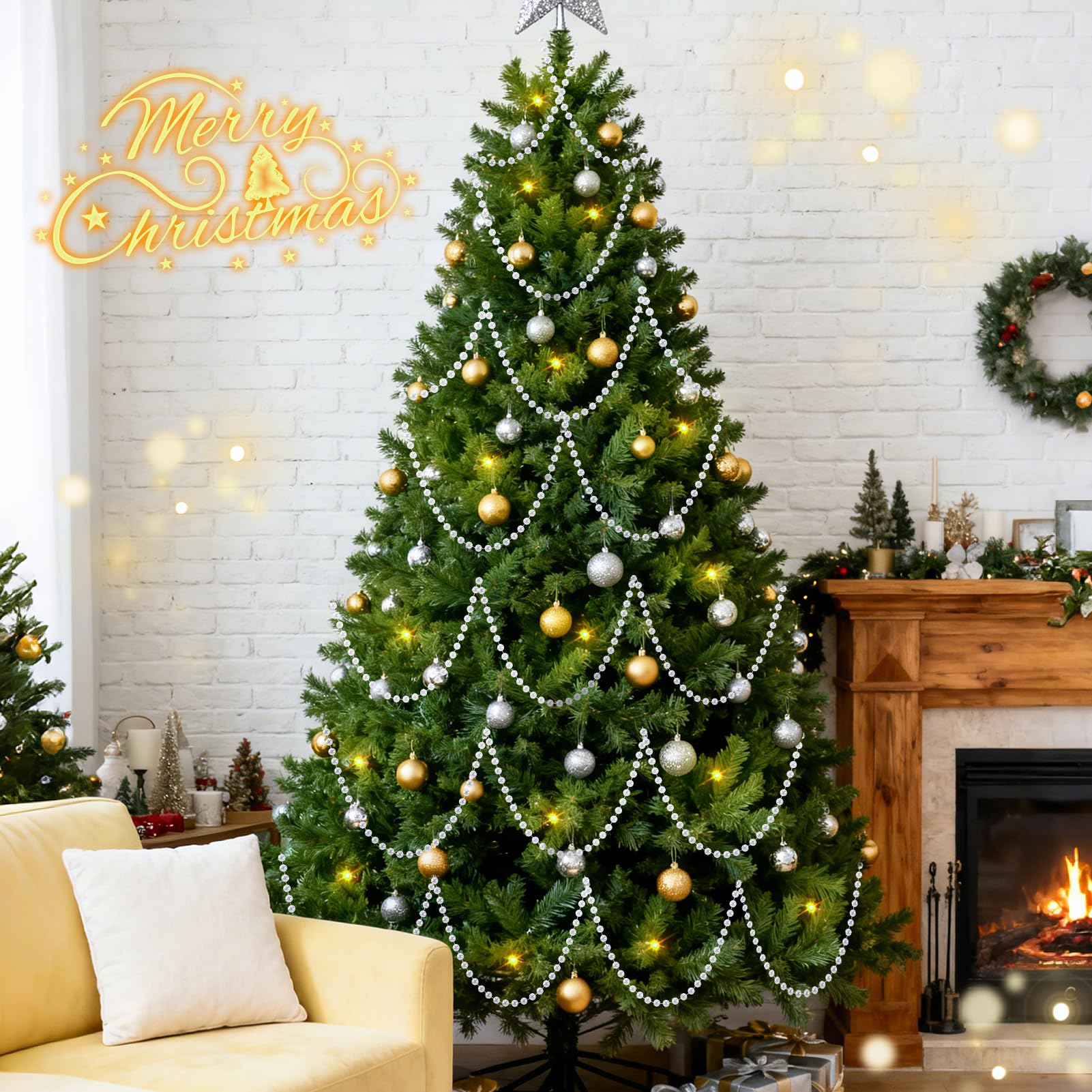 0.4" Christmas Tree Garland Beads, 50ft White Artificial Pearls Beaded Garland for Xmas Tree, Christmas Decorations for Indoor Outdoor Home Party