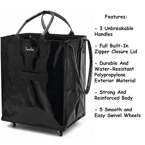 FRESHIE Reusable Grocery Bag On Wheels, Shopping Trolley, Rolling Tote, Zipper Closure, Lightweight, Carries Up to 66 lb, Folds Flat, Unbreakable Handles (Large, Black)