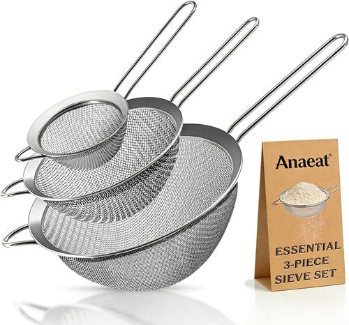 Anaeat Fine Mesh Strainers - Premium Stainless Steel Sifters with Durable Mesh & Sturdy Handle | Set of 3 Sizes (3.15", 5.5", 7.87")