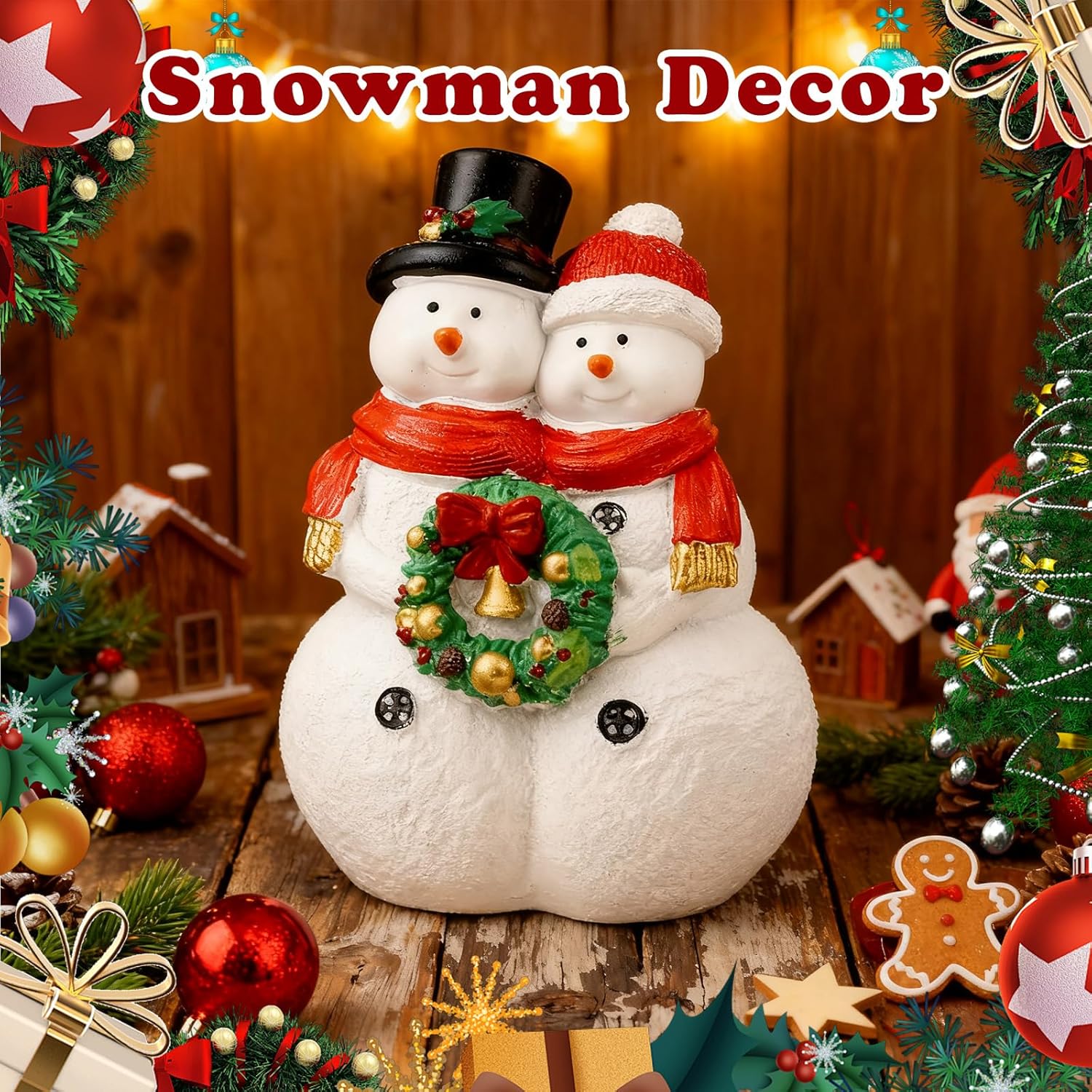 Snowman Couple Figurines - Charming Resin Christmas Decorations | Festive Tabletop Home Decor