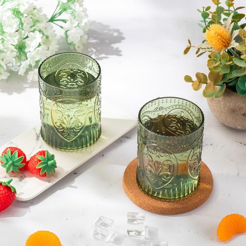 Qinyoung 24 Plastic Vintage Drinking Glasses 8.5oz Stemless Retro Embossed Wine Glasses Shatterproof Reusable Cups for Baby Shower Wedding Reception Grand Event Party (Dark Green)