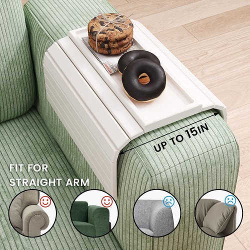 Danfoxer Sofa Arm Tray,Bamboo Folding Couch Arm Tray,Sofa Armrest Trays with Anti-Slip Pad for Drinks,Snacks,Phone,Remote Control（White）