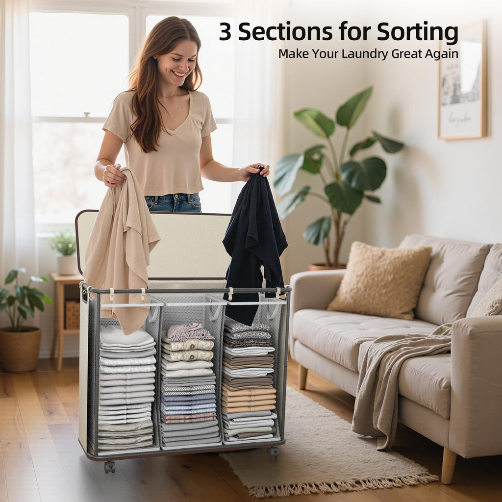 Yecaye 180L Laundry Basket With Lid and Removable 3 Bags, Large Rolling Laundry Hamper with Lid, 3 Section Rolling Clothes Storage With Wheels, Clothes Hamper with Wheels For Laundry Room, Grey