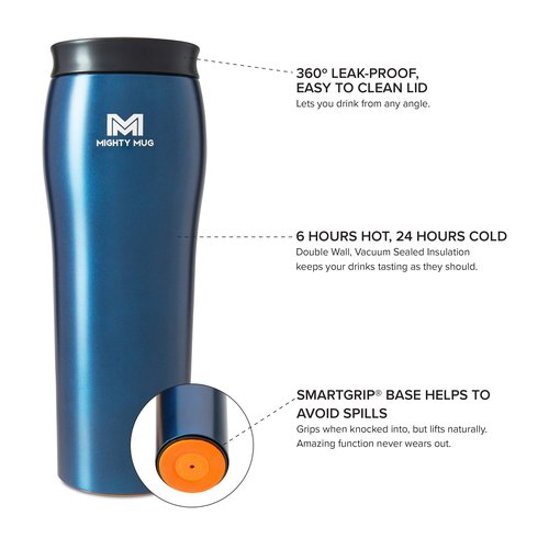 Mighty Mug Two Pack - Silver + Oceanic Stainless Steel Non-Tip Travel Mug - Double-Wall Insulated - Keeps Coffee, Tea and Drinks Hot for 6 Hours cold for 24 Hours, Leakproof, BPA-Free Tumbler, 16