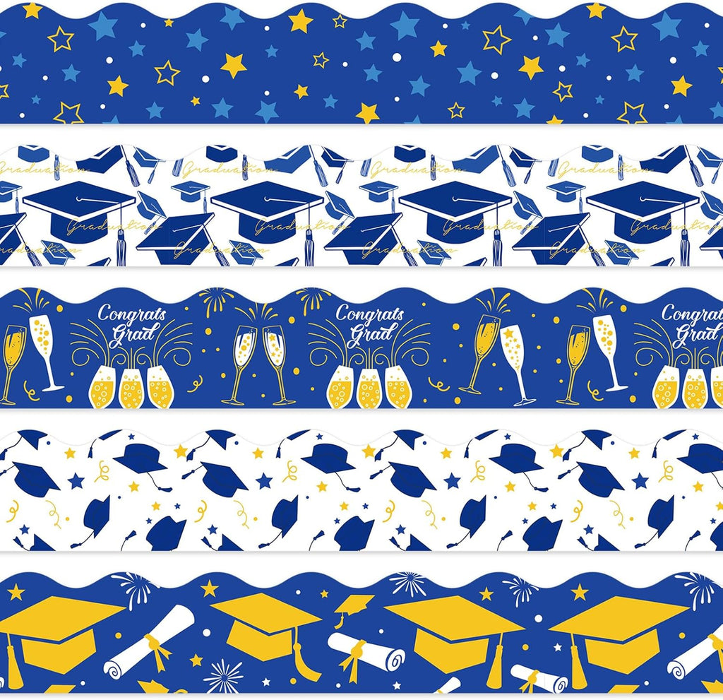 Whaline Graduation Bulletin Board Border - 69Ft Blue & Gold Cap & Star Design for Party Decor