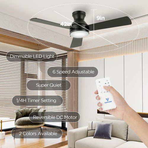 Vagizm 42" Ceiling Fan Flush Mount: Low Profile with Light and Remote - Quiet Reversible DC Motor - Light Memory Function & 3CCT Dimmable for Bedroom Home Office