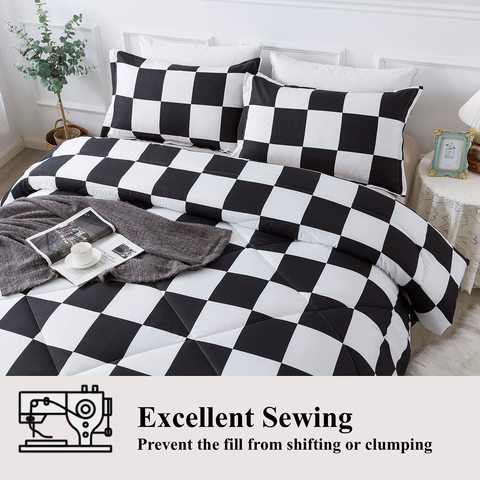 Andency Checkered Comforter Twin(66x90Inch), Black White Plaid Gingham Bed Set for Teen Boys Kids, Lightweight Polyester Geometric Preppy Bedding, 2 Pieces
