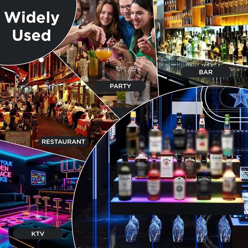 Dethan 2 Tier 24 Inch LED Lighted Liquor Bottle Display Shelf - Wall-Mounted Wine Rack with Multi-Color App & Remote Control, Adjustable Brightness & Sound Modes, Acrylic Bar Shelves for Home Bars