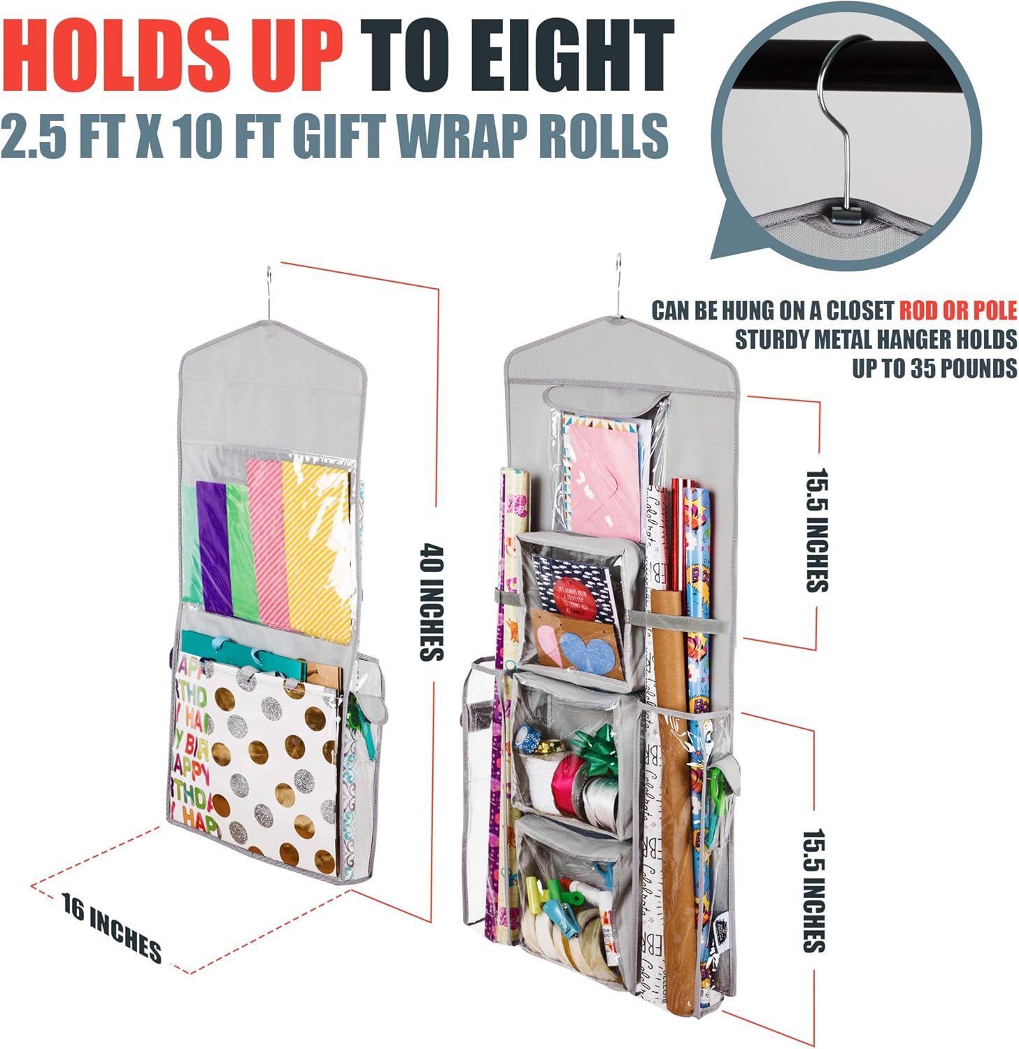 Skiennix Double-Sided Gift Bag & Wrap Organizer - Light Grey, Space-Saving Design