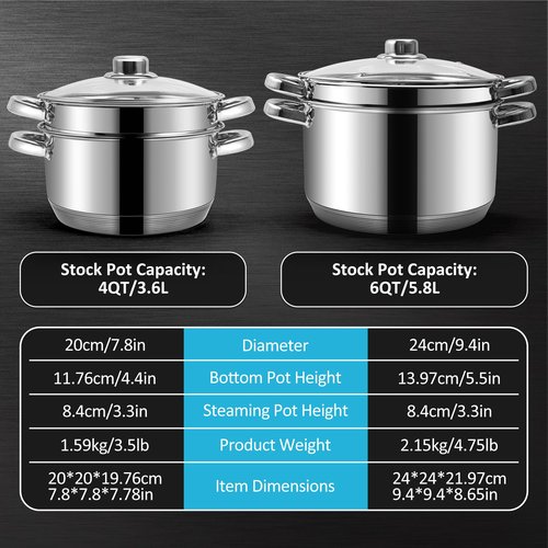 KroWallu 6 QT Stainless Steel Cookware Set, 3-Piece Multipurpose Stock Pot with Steamer Pot and Tempered Glass Lid, Stainless Steel Handle, Work with Gas Electric Induction Stove