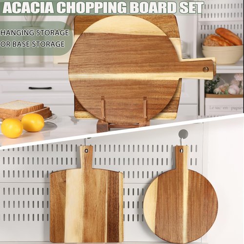 2 Pack Acacia Wood Cutting Board with Stand, Charcuterie Boards for Kitchen, Round & Rectangular Wooden Cutting Board Set for Cheese, Meat, Pizza, Vegetables, Bread(16 x 12 Inch)