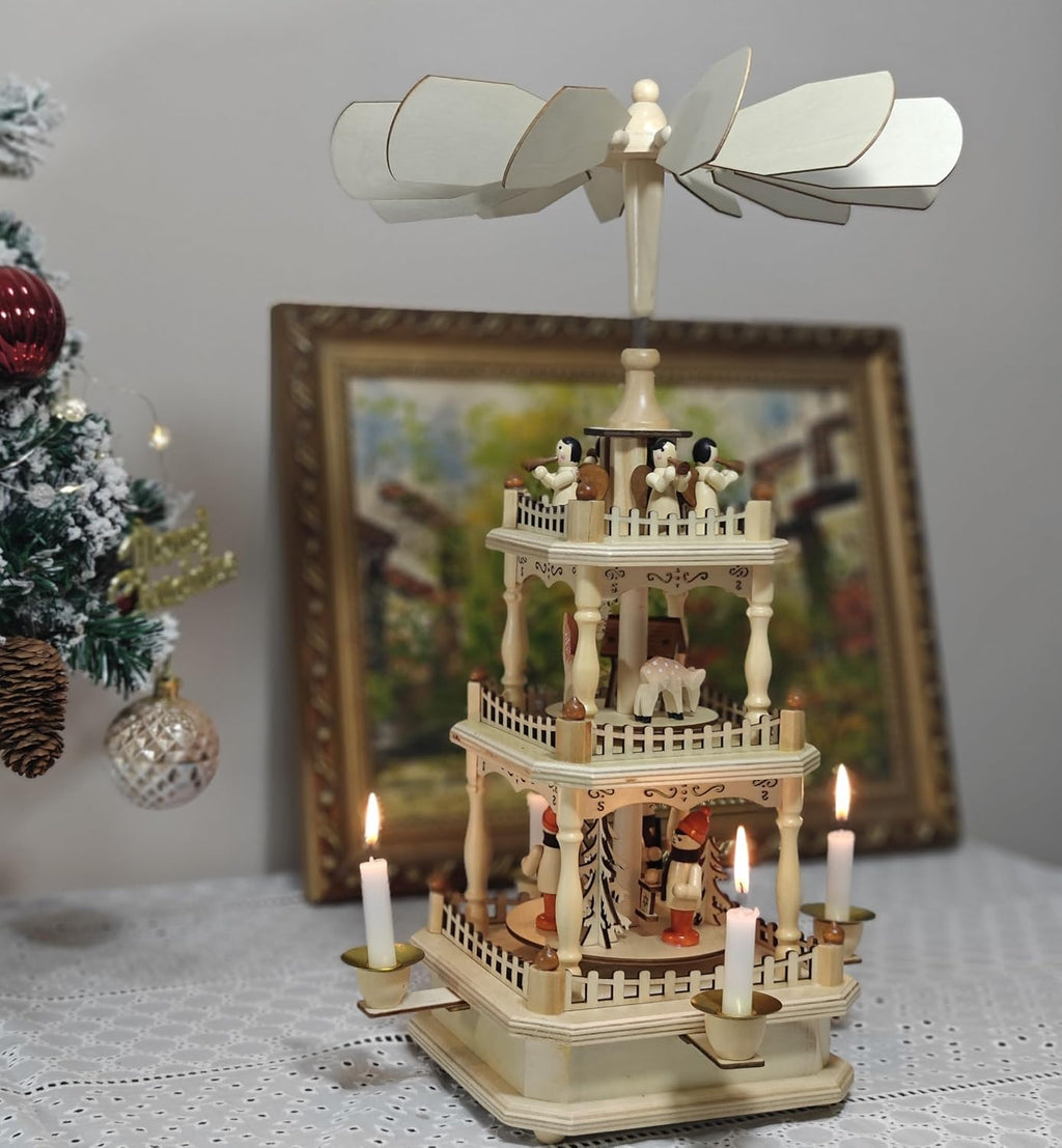 Rotating Christmas Pyramids - 18-Inch Wood Nativity Scene Set with 4 Candle Holders | 3-Tier Carousel